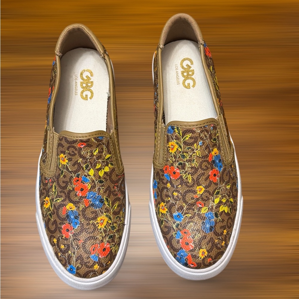 Guess Los Angeles Floral Slip-On Sneakers Women’s 7.5 Brown GUC